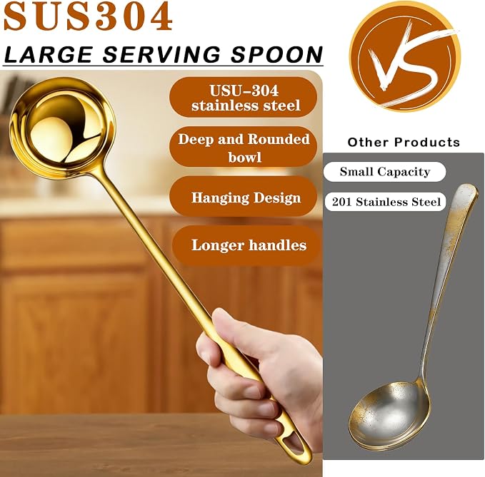 3 Pieces Gold Soup Ladle, 11.6" Metal Ladle Stainless Steel, Large Soup Spoon With Handle for Serving, Stirring, Cooking Spoon for Kitchen