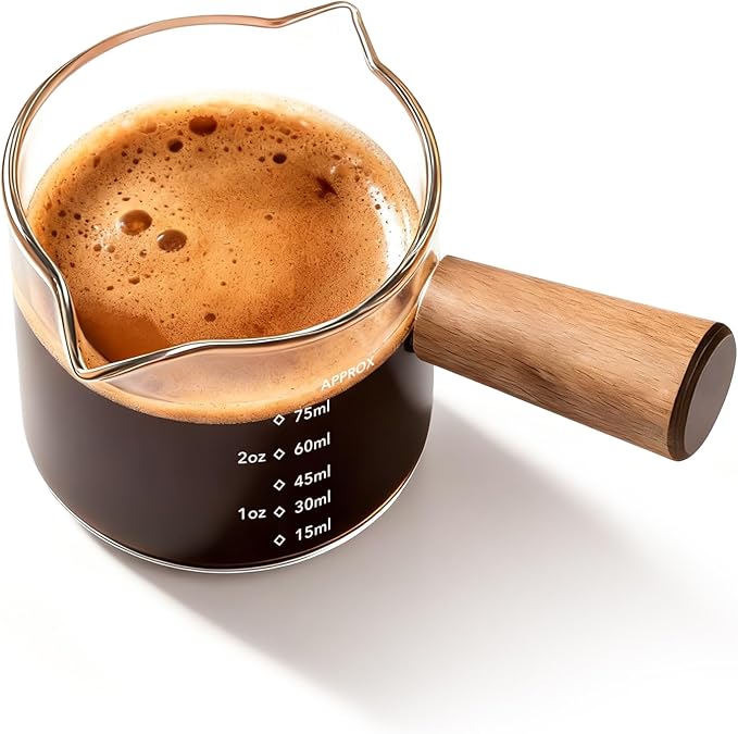 YARRAMATE 2.5 oz/75ML Espresso Shots Cup with Wooden Handle, Clear Glass Demitasse Cup with Dual Scale Markings for Coffee Extraction (1 Pack, Double Spout)