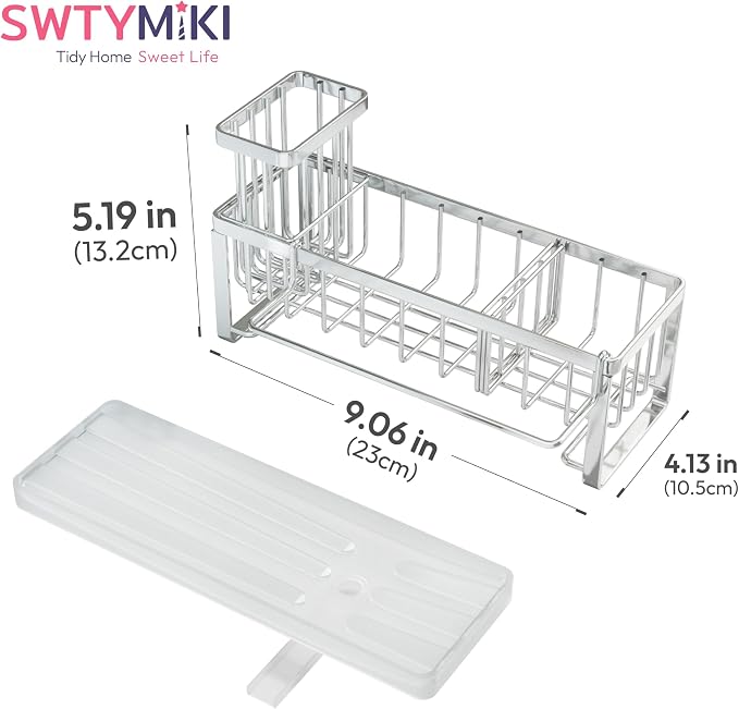 SWTYMIKI Sponge Holder for Kitchen Sink - Sink Caddy with Brush Holder Self-draining Sponge Caddy Organizer with Divider Stainless Steel Kitchen Accessories Storage for Countertop, Silver