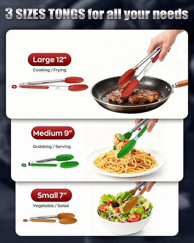 600ºF Heat Resistant Kitchen Tongs, Premium Locking Cooking Tongs with Silicone Tips, Non-Slip Food Tongs for Cooking, Non-Stick, Heavy Duty Stainless Steel Handle, Set of 3-7" 9" and 12" Multicolor