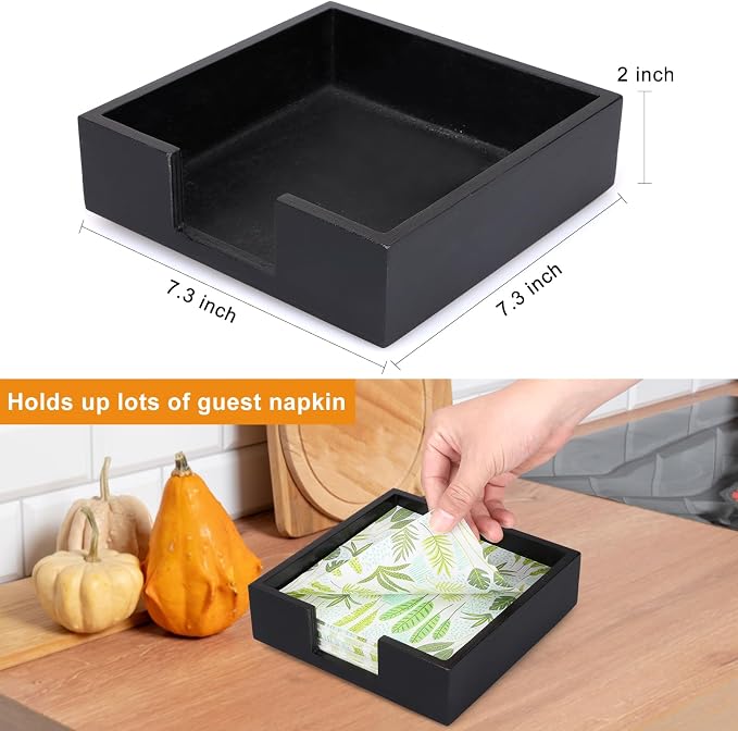Renawe Black Wood Napkin Holder - Rustic Farmhouse Tropical Style - Perfect for Table, Kitchen, Bathroom & More - Non-Slip Base - Easy to Grab Napkins