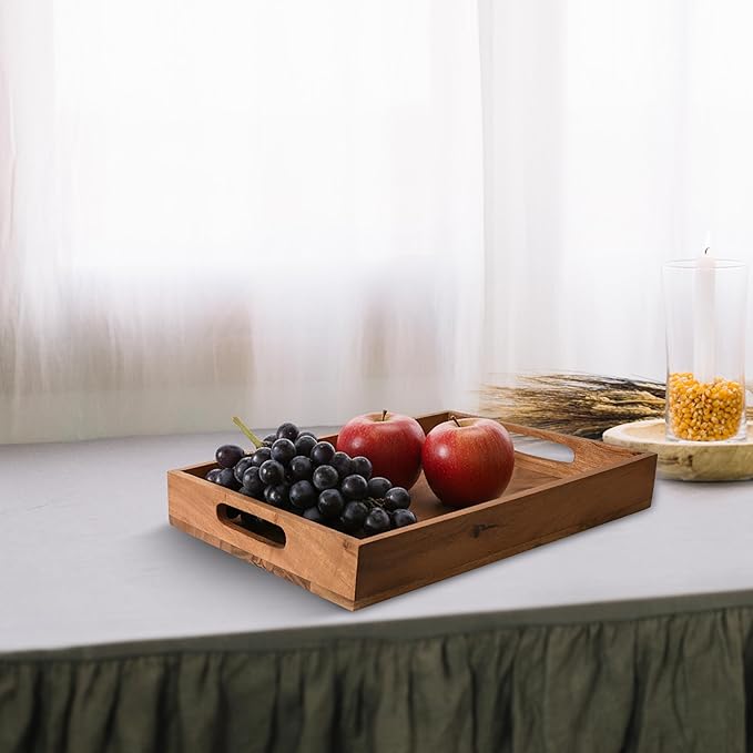 Premium Acacia Wooden Serving Tray with Handles – Large Decorative Food Serving Platter for Breakfast, Lunch, Dinner, Appetizers, Coffee Table & Home Décor | 14’’ x 10’’ x 2’’