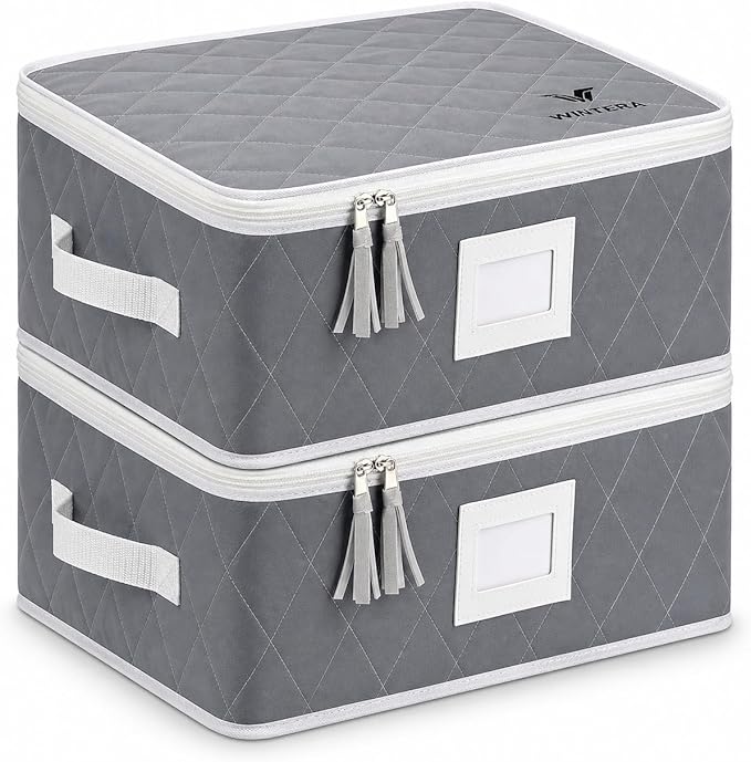 Mug Storage Organizer Set of 2 – 12 Compartment Cup Storage Boxes with Lid, Stackable Woven Fabric Holder for Coffee Mugs, Glassware & Teacups (Oxford Cloth, Padded, Gray)