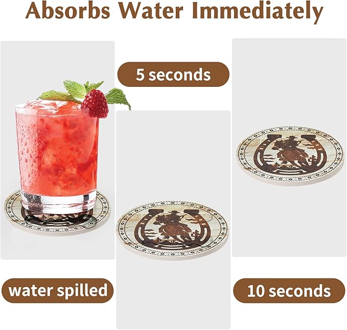 Western Desert Cowboy Coasters for Drinks,Vintage Western Absorbent Coaster for Home Decor,6PCS Stone and Cork Coasters Set with Holder for Coffee Table,Home Living Ideas Gift for Men Women