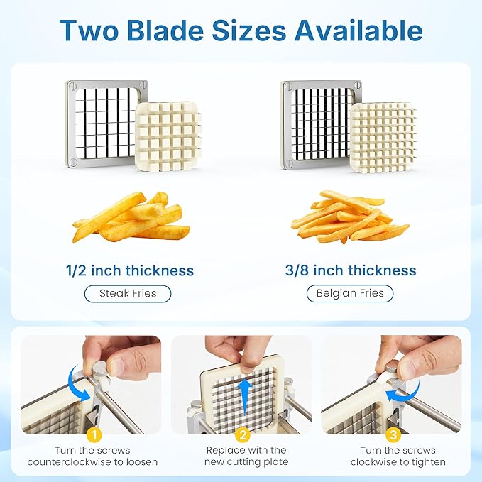 Commercial French Fry Cutter with 1/2 Inch & 3/8 Inch Blade, Heavy Duty Potato Slicer, Potatoes Cutter for Potatoes, Carrots, Cucumber, Onion, Yam, Stainless Steel