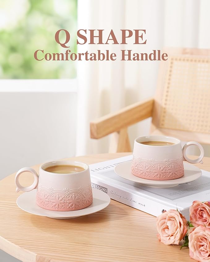 ZENS 7.3 Ounce Cappuccino Cups Set of 2, Artistic Embossed Cappuccino Mug with Saucers, Ceramic Coffee Cups for Double Espresso, Au Lait, Latte or Tea, Coffee Lovers Gifts, Pale Pink