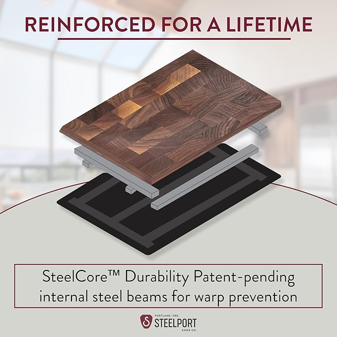 STEELPORT End-Grain Walnut Cutting Board for Kitchen 18”x12” – Steel Reinforced | Dual Sided, Composite Side With Juice Groove | Professional Butcher Block Chopping Board | Handcrafted in USA