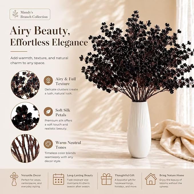 Mandy's Black Artificial Baby’s Breath Flowers 6 Bundles Silk Gypsophila, 18.5 Inch European Style Modern Home Decor Centerpiece, Neutral Wedding Flower Arrangements