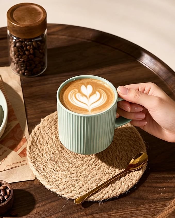 famiware Coffee Mug Set for 4, Star 12 oz Catering Mugs Cup Set with Handle for Coffee, Tea, Cocoa, Milk- Ceramic Stoneware Drinkware Set, Light Green
