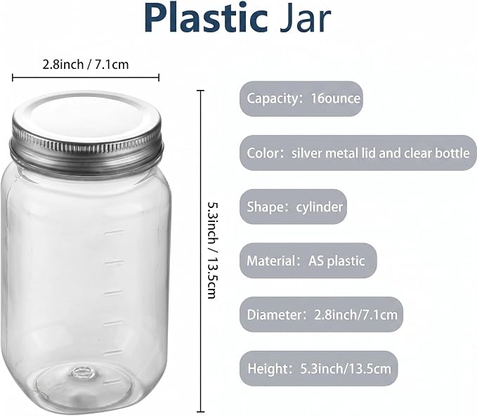 novelinks 16 oz Clear Plastic Jars with Lids, Refillable 16oz Mason Jars with Lids & Storage Containers for Kitchen & Household Use (10 Pack,Silver)
