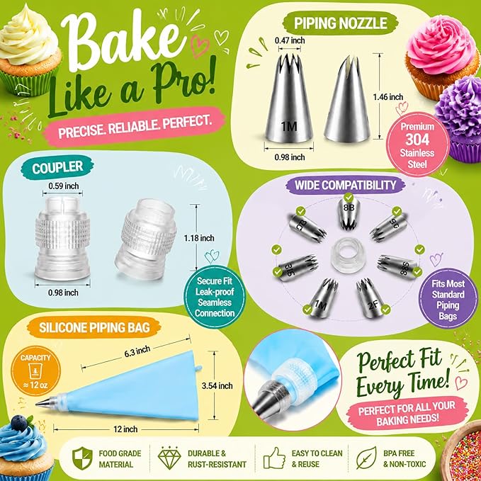 Hendiy Large Piping Tips Set, 11 Pieces Seamless Stainless Steel Cake Decorating Tips Kit, Reusable Piping Bags and Tips Frosting Icing Set for Cupcakes Cookies (2D 2F 1M 4B 1A 6B 853)