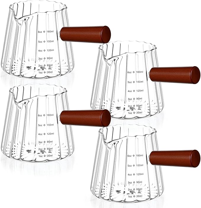 4 Pcs 6 Oz/180 ml Espresso Shot Glass with Wood Handle, Espresso Accessories, Single Spouts Milk Frother Measuring Cup with Clear Scale Heat Resistant for Coffee Milk Tea Syrup