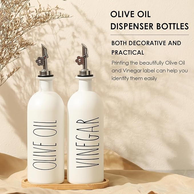 HOMCDALY 16oz Olive Oil Dispenser Bottles for Kitchen, White Oil and Vinegar Dispenser Set, Two Olive Oil Bottles with Bamboo Tray | Set of 2 (16oz-P-White)