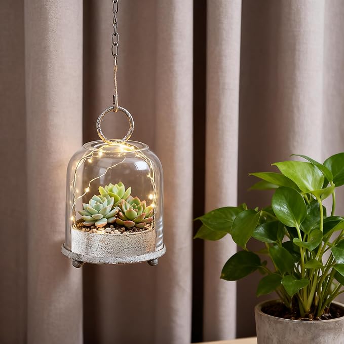 5"x7.5" Versatile Modern Metal Hurricane Lantern with Handmade Sturdy Glass Dome in Vintage White for 3" Pillar Candle & Plants, Industrial, Farmhouse, Shabby Chic