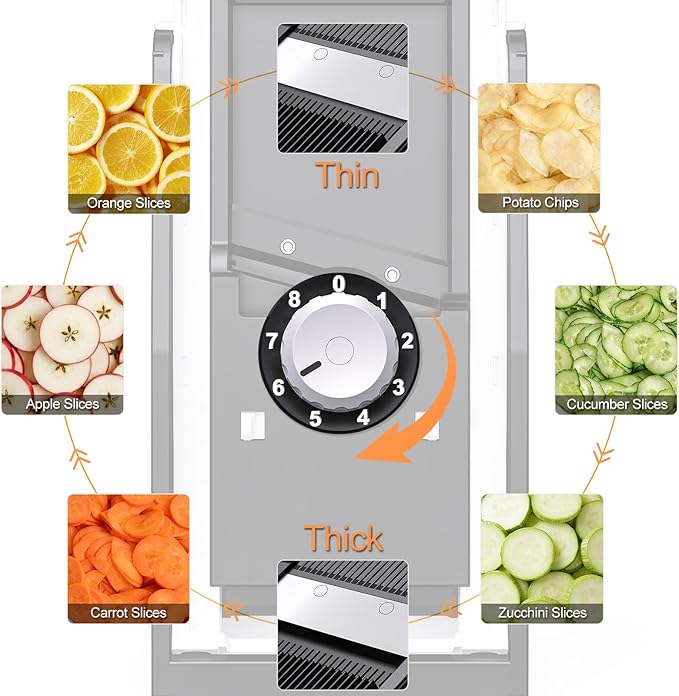 ONCE FOR ALL Safe Mandoline Slicer For Kitchen, AdjustableThickness 0.1-8 mm Professional Vegetable Slicer For Food, Fruit Slices, Potato Chips, Fast Meal Prep (4th Gen Gray)