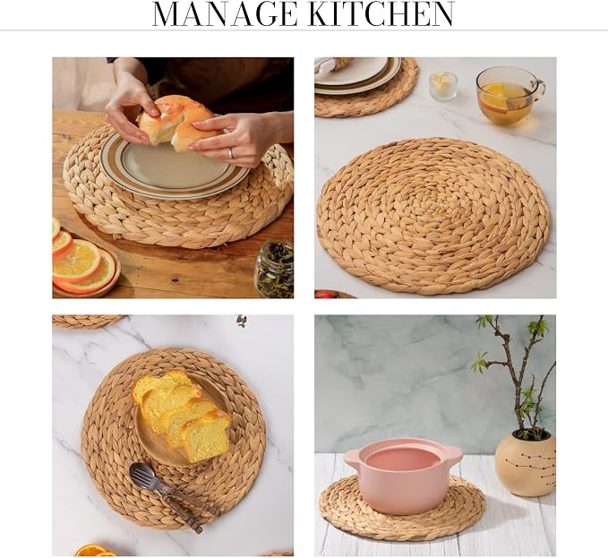 Laquedecraft 11.8" Set of 4 Round Water Hyacinth Placemats | Boho Woven Rattan Table Mats | Farmhouse Wicker Spring Plate Chargers Like Corn Husk, Seagrass for Wedding, Party, Christmas, Events