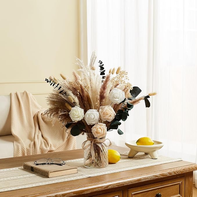 Wracra 100pcs Artificial Flowers in Vase, Fake Flowers Arrangement with Vase, Dried Pampas Grass Floral Centerpieces for Home Office Decoration, Farmhouse Kitchen Dining Table Decor