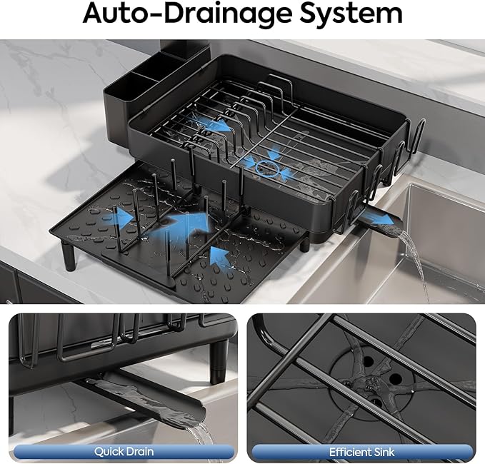 Expandable Dish Rack with Drainboard - Stainless Steel Dish Drainer with Removable Cutlery Tray, Foldable Cup Holder, Elevated Feet, Multifunctional Drainboard for Sink Countertop Kitchen Storage