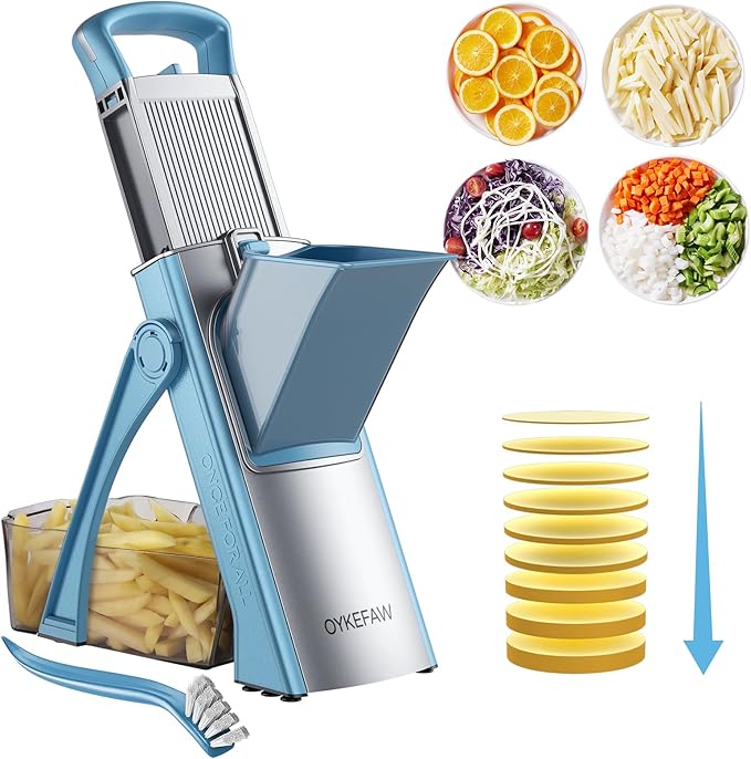Safe Mandoline Slicer for Kitchen, 6 in 1 Vegetable Chopper, French Fry Cutter For Potatoes, Potato Slicer,Food Chopper,Adjustable Thickness 0.1-8 mm, With Peeler/Cleaning Brush (Blue)