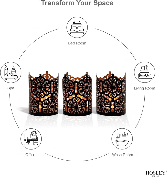 Hosley Set of 3 Black Finish Metal Candle Holders 4 Inch High Lattice Cut Lanterns for Coordinated Elegance and Enchanting Illumination Elevate Your Decor