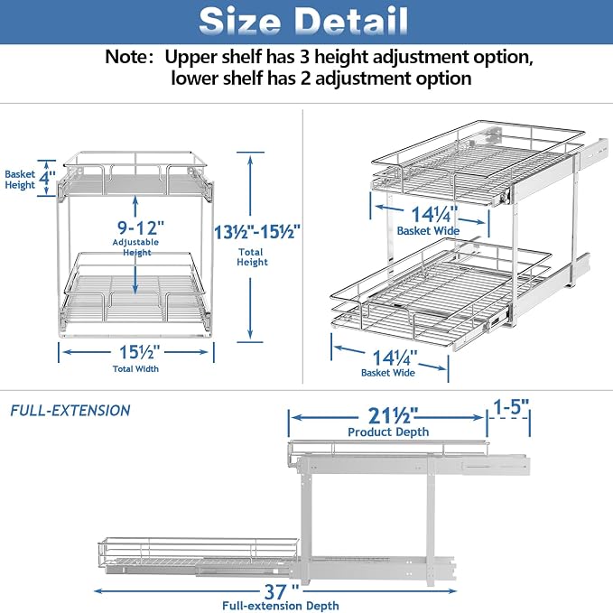 ROOMTEC Individual Pull Out Cabinet Organizer (15½" W x 21½" D), 2 Tier Spice Rack Organizer for Cabinet, Slide Out Drawer Pantry Shelf Organization and Storage for Kitchen Bathroom