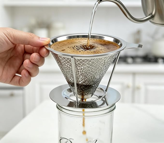 Mason Jar Pour Over Coffee Dripper, Stainless Steel Reusable Filter | Easy to Clean Paperless Coffee Maker, Cone Dripper with Removable Cup, Dishwasher Safe, Rustproof