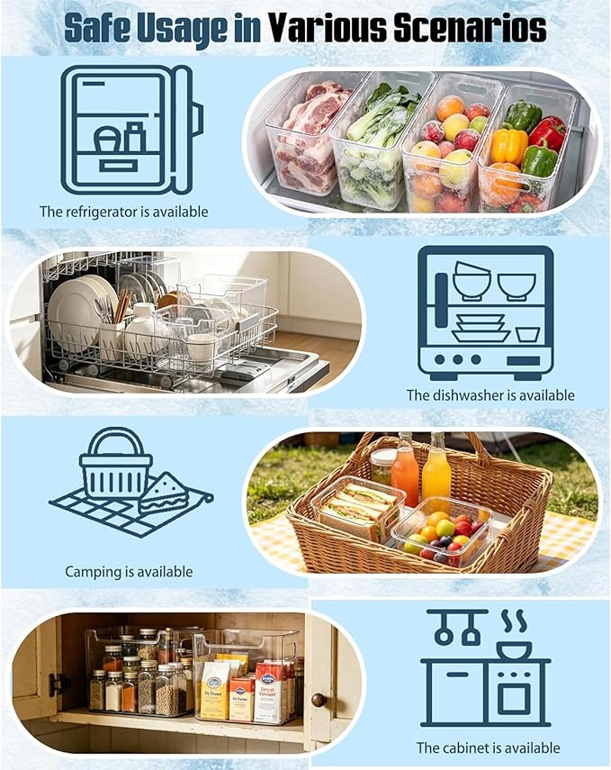 Transparent Freezer Storage Bins, 2/4/6 Pack Clear Plastic Bins, Ice Box for Freezer, Stackable Kitchen Cabinet Organizer for Frozen Food, Meat & Veggies (L,2PCS)