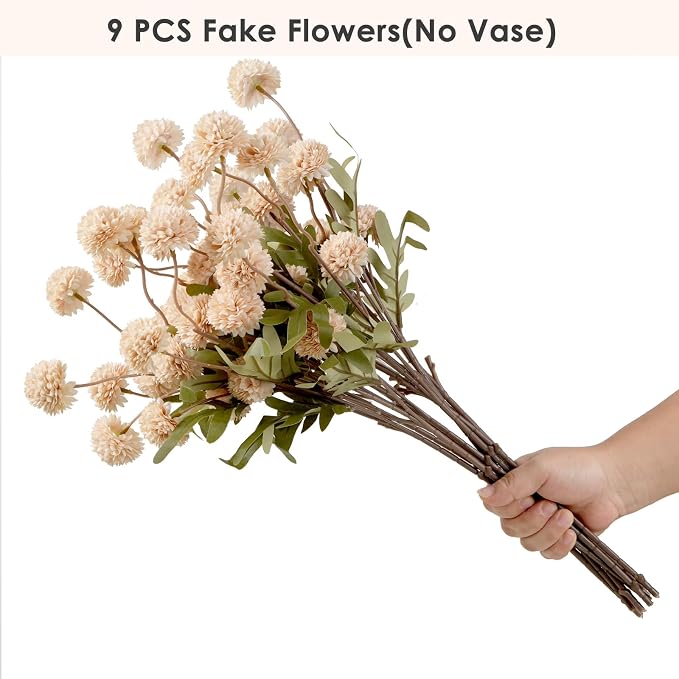 trytuny Fake Fall Flowers for Vase, Faux Silk Kiku Mums, Artificial Pom pom Floral Bouquets Indoor Centerpiece Office Coffee Table Boho Home Decorations (9, Khaki)