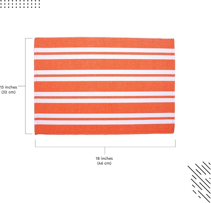 Encasa XO Dining Placemat Set of 6 | Franca Orange Stripes Color | Fine Ribbed Cotton Table mat | Size 18x13 in | Machine Washable