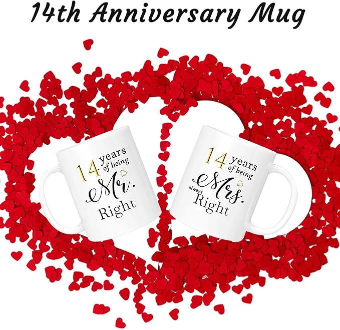 14th Anniversary Coffee Mugs Set of 2, 14 Year Anniversary Wedding Gifts Decorations for Couple Parents Men Women Husband Wife Him Her, Gift Box Packaging, 11oz