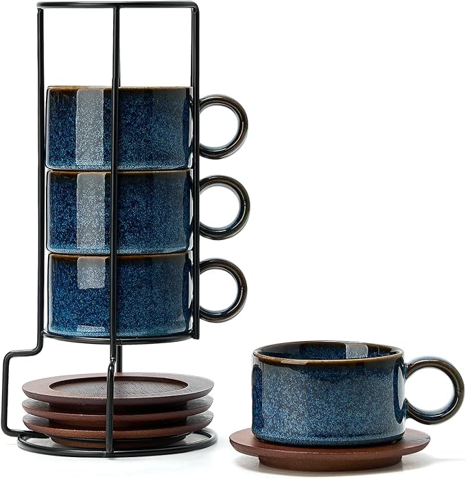 LUKA 6 Ounce Porcelain Stackable Espresso Cups with Saucers and Metal Stand Set of 4, Ceramic Cappuccino Cups Set for Specialty Coffee Drinks, Latte, Cafe Mocha and Tea, Reactive Blue
