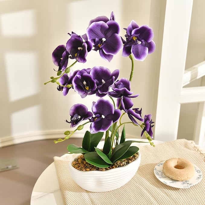 19" H Phalaenopsis Faux Orchid Plant Silk Orchid Centerpiece Artificial Floral Arrangement in Ceramic Pot (Deep Purple)