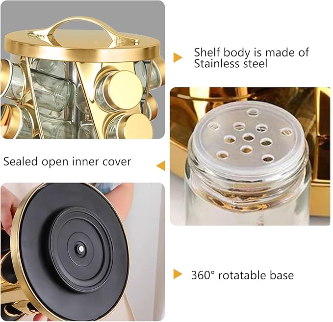 Portable Stainless Steel Spice Rack with 12 Spice Jars Included Revolving Spice Organizer for Kitchen Tower Storage Rack for Spices and Seasoning Gold