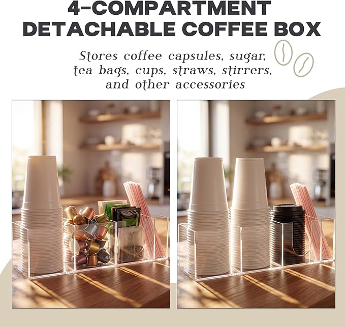 Novabright 4 Compartments Coffee Cup Holder for Countertop Cup Lid and Straw Dispenser Coffee Station Organizer Bar Accessories for Breakroom Restaurant, 15.3 x 4.7 x 4 (Clear,Acrylic)