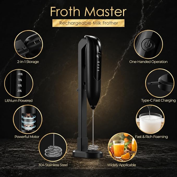 GOCHA Rechargeable Milk Frother, USB-C Electric Milk Foamer Handheld, Double Spring Whisk, 2-Speed Foam Maker for Coffee, Latte, Cappuccino, Matcha, Hot Chocolate, Stand Included (Black)