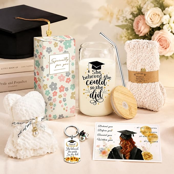 Graduation Gift for Her 2026 - 16oz Glass Cups with Lids and Straws, Coffee Mug Gift Set for Women, College Graduate Gift Box, Master Degree Doctorate Nursing PHD, Congrats Class of 2026 (White 3)