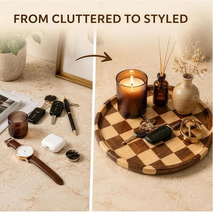 11 Inch Checkered Tray Round Wooden Trays for Decor, Acacia Wood Decorative Plate for Coffee Table, Kitchen Counter, Bathroom Vanity, Candle Holder & Table Centerpiece