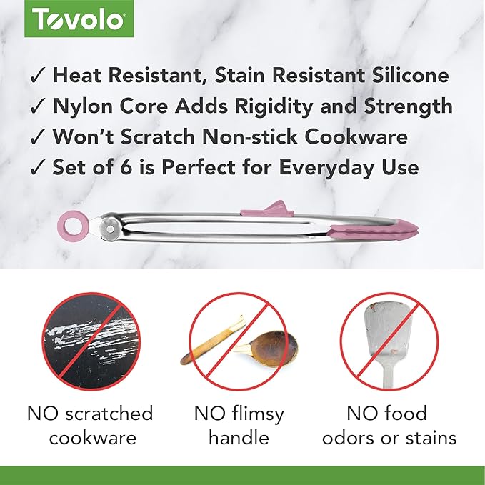 Tovolo Silicone Cooking Utensil Set of 6 Pink Sorbet Ladle Slotted Turner Tongs Flex Core Spatula Scraper Mixing Spoon and Potato Masher, Dishwasher Safe BPA Free Silicone Kitchen Utensils