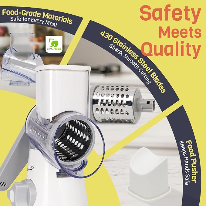 Rotary Cheese Grater Hand Crank, 3 Blades Slicer Shredder, Cheese Grater for Kitchen, Multi-Functional Kitchen Tool for Vegetables, Nuts, Chocolate, with Strong Suction Base, White