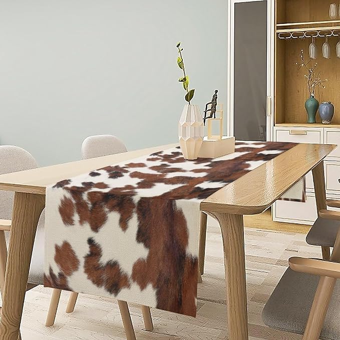 Cow Skin Print Table Runner, Cotton Linen Rustic Cottage Country Farm Animal Fur Skin Pattern Western Style Brown Cowhide Print Dinner Runner for Home Kitchen Dining Table Decoration 13x60 in