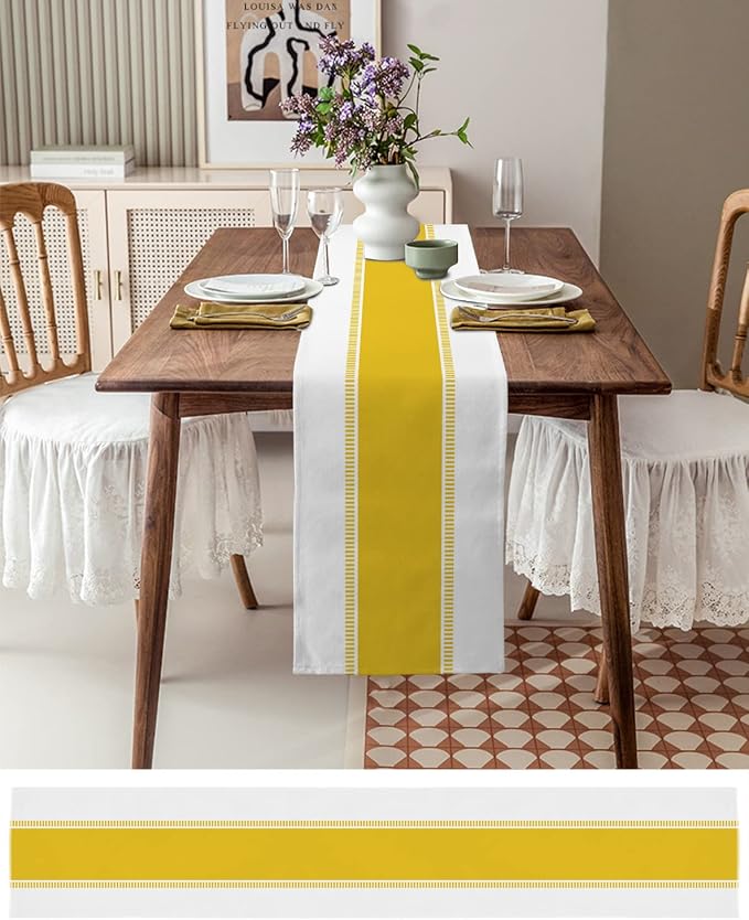 Yellow Table Runners 72 inches Long, Modern Stripes Table Runner Farmhouse Dresser Scarves,Decortaive Table Runner Cover for Kitvhen Dining Coffee Table Holiday Party Wedding