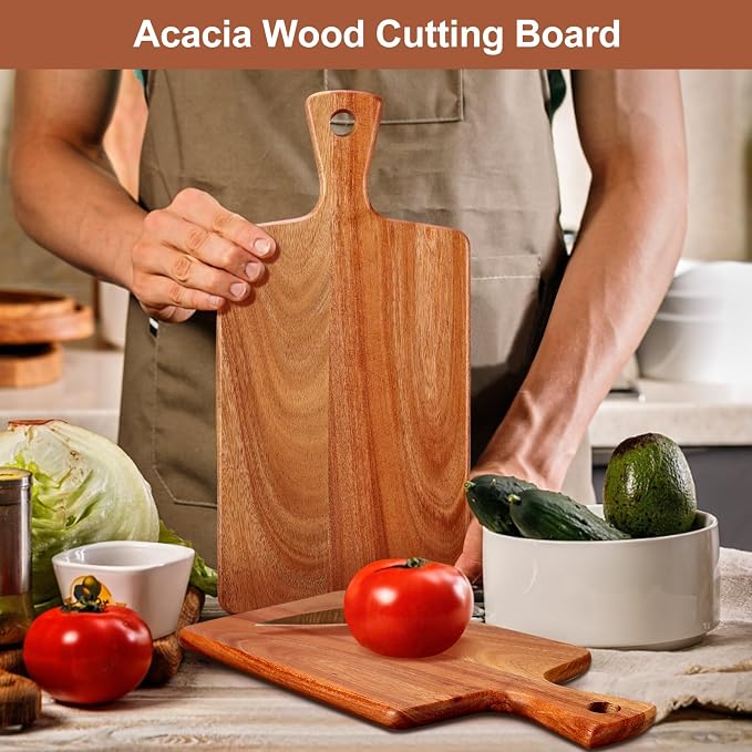 Acacia Wood Cutting Board with Handle for Kitchen, Small Wooden Chopping Boards for Fruit, Cheese, Bread, Meat, Charcuterie, Serving & Carving
