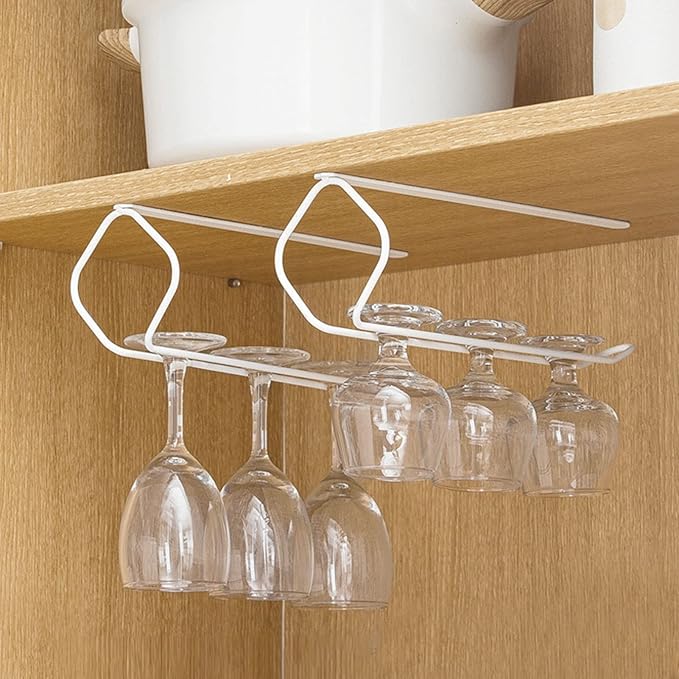 Wine Glass Rack, Under Cabinet Hanging Stemware Holder Storage Shelf, Wine Glass Hanger, for Cabinet Kitchen Bar Glasses Storage Hanger (Color : White)
