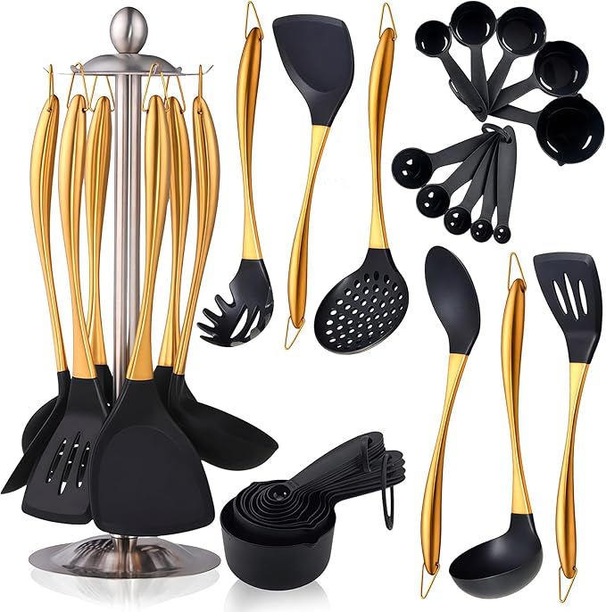 Silicone Cooking Utensils Set, 17pcs Kitchen Utensil Set with Rotatable Holder, Heat-Resistant Silicone Utensils for Cooking, Non-Stick Spatula Set with Stainless Steel Handle,Turner,Ladle (Gold)