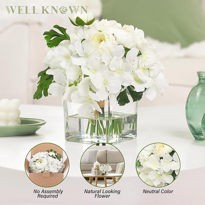 WELL KNOWN Fake Flowers in Vase, White Hydrangea Ranunculus Artificial Flowers with Vase, Silk Floral with Faux Water Arrangement Centerpiece for Office Dining Table Home Wedding Decor & Mom's Gift