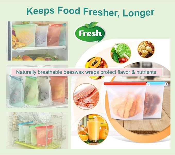 Reusable Silicone Food Storage Bags & Beeswax Wraps Set (7-Piece) | Airtight Leakproof, Freezer Dishwasher Microwave Safe | Eco Friendly Zero Waste Food Storage Containers for Meal Prep, Snack