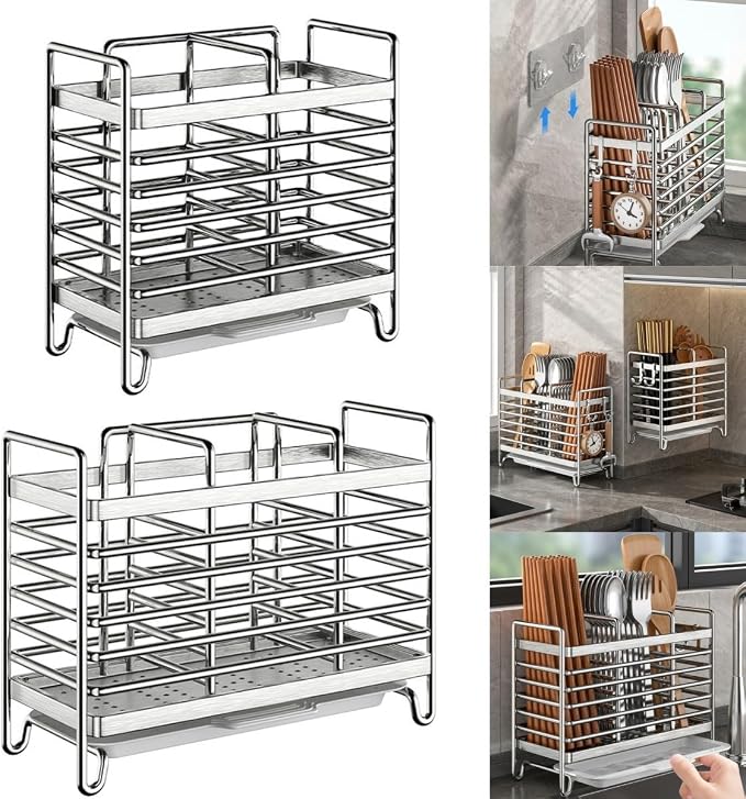 Stainless Steel Wall Mounted Utensil Holder and Countertop Drying Rack with Drain Tray for Kitchen Forks Spoons Chopsticks Silver 3 Compartments(2 Compartments)