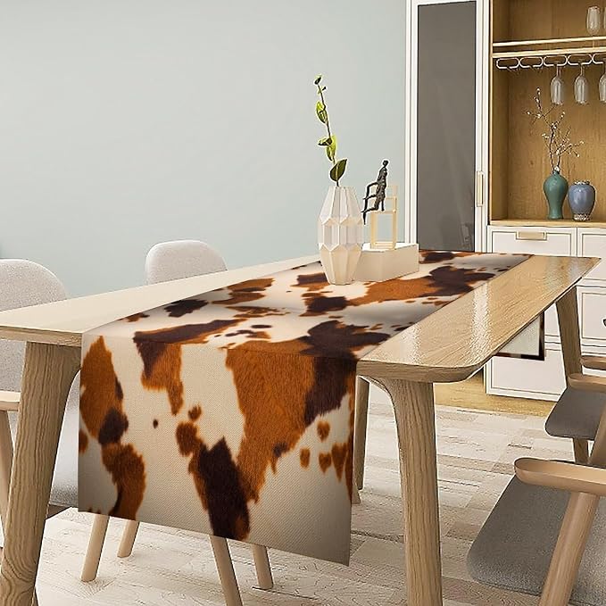 Cow Print Table Runner, Cotton Linen Rustic Cottage Country Farm Animal Fur Skin Pattern Western Style Black Brown Cowhide Print Dinner Runner for Home Kitchen Dining Table Decoration 13x108 Inch