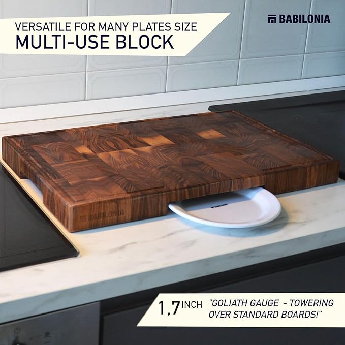 American Black Walnut Cutting Board - 19.7" x 12.2" (ExtraThick 1.7") Hardwood Butcher Block, Charcuterie, Heavy Duty End Grain Wood Chopping Board with Juice Groove & Handles (Oil & Plate Included)