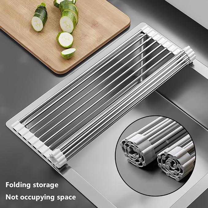 Roll Up Dish Drying Rack Over Sink Drying Rack Sink Cover Kitchen Sink Accessories Multipurpose Organizer Foldable Stainless Steel Drainer (15 Rods)